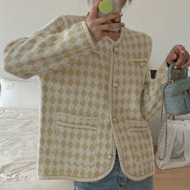 韩版千鸟格仿水貂绒小香风外套女2023秋冬新款外穿毛衣开衫外套潮