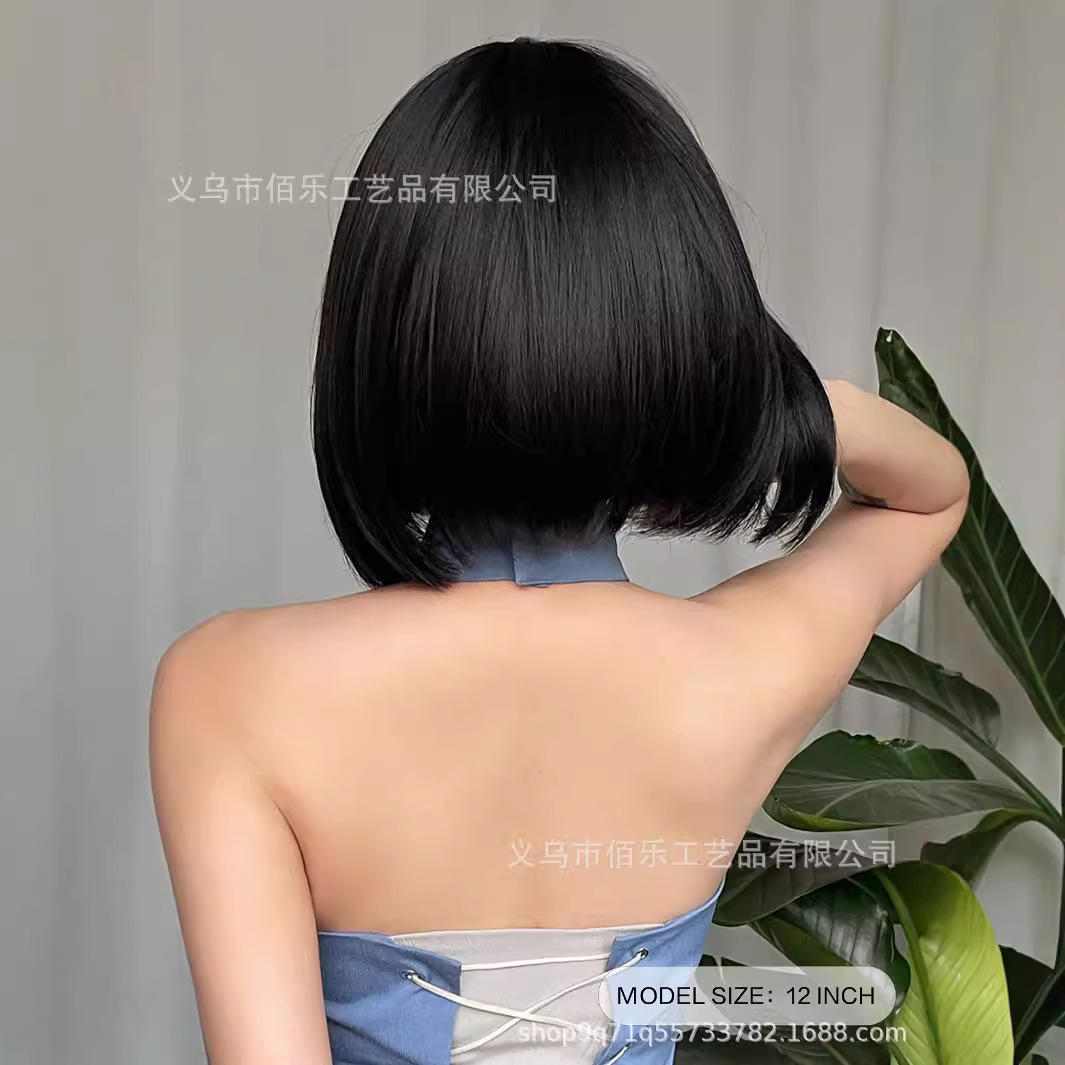 Peluca transfronteriza Qi flequillo cabeza de onda negra bobo pelo corto natural diario filamento químico fabricante spot wigs