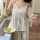 Korean Ins Women's Summer New Ink Flower Adjustable Sling Trousers Home Clothes Pajamas Set Girly Fashion