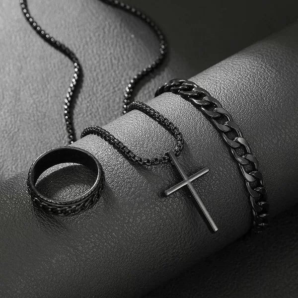 European and American Best-Selling Amazon Shein Temu New Cross Jewelry Chain Ring Bracelet Necklace 3-Piece Set