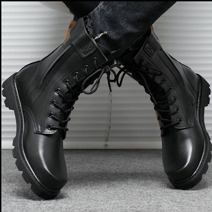 Outdoor Combat Boots Men's Cowhide High-Top Waterproof Anti-Slip Steel Toe Tactical Boots Security Special Duty Work Training Shoes
