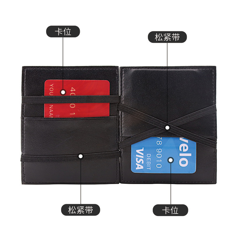 Fabricante en stock titular de la tarjeta mágica Cartera de cuero de los hombres RFID anti-magnético dos veces cubierta de la tarjeta creativa primera capa billetera de piel de vaca