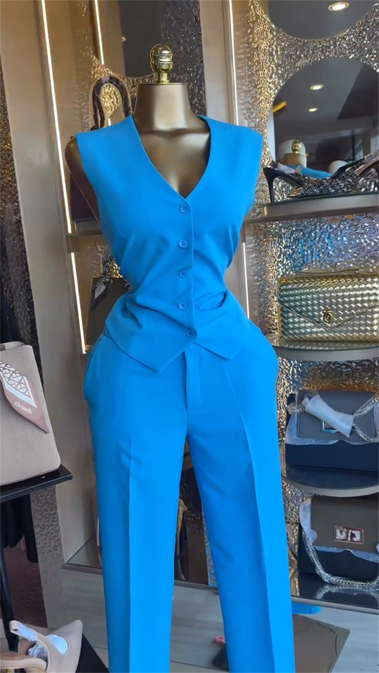 Women's V-neck Button-down Vest And Wide-leg Trouser Suit Set_voghion.com