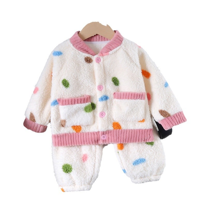 여자 겨울 잠옷 세트 새  아동복  가을 겨울 큰 라운드 포인트 홈 의류 조수