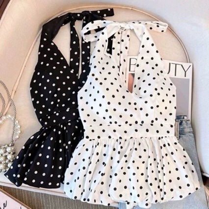 2025 New Niche Polka Dot Print Halter Neck Camisole for Women, Summer Sweet Girl Style, Waist-Cinching Puffy Flower Bud Top