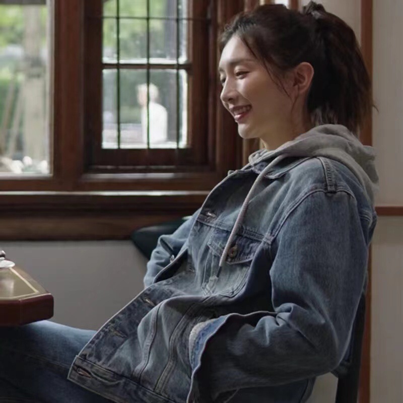 Clearance Sale, No Returns or Exchanges, Celebrity Style Ce Knit Loose Hooded Denim Jacket, Long Sleeve Letter Button Denim Jacket