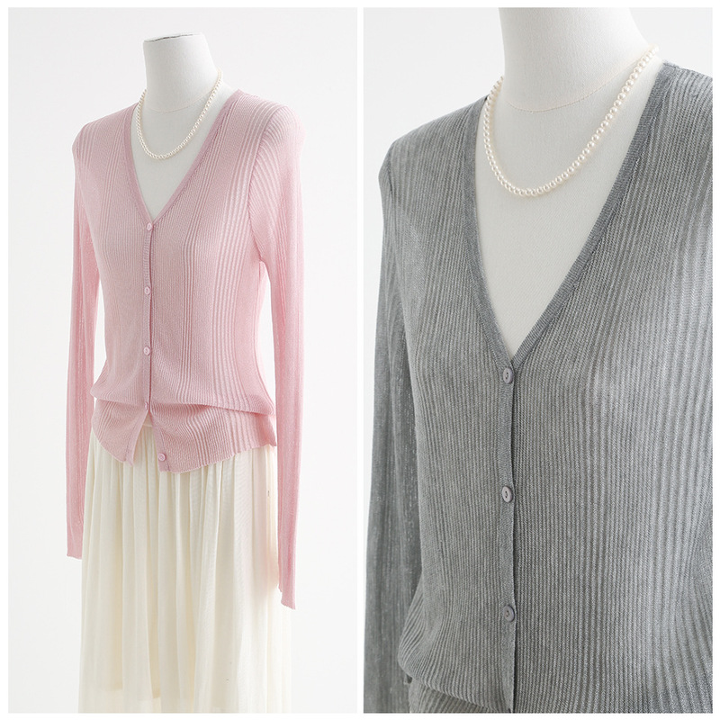 Ambilight Glitter Tencel Lyocell Pit V-Neck Knitted Cardigan Slimming Long-Sleeved Sunscreen Air-conditioning Shirt 35213