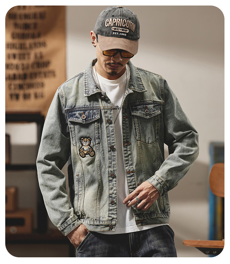 Giacca di jeans da uomo stile biker con ricami di lusso_voghion.com