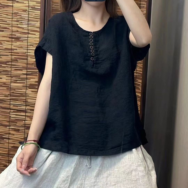 2025夏季新款文艺复古慵懒风棉麻上衣女宽松圆领休闲简约短袖套头