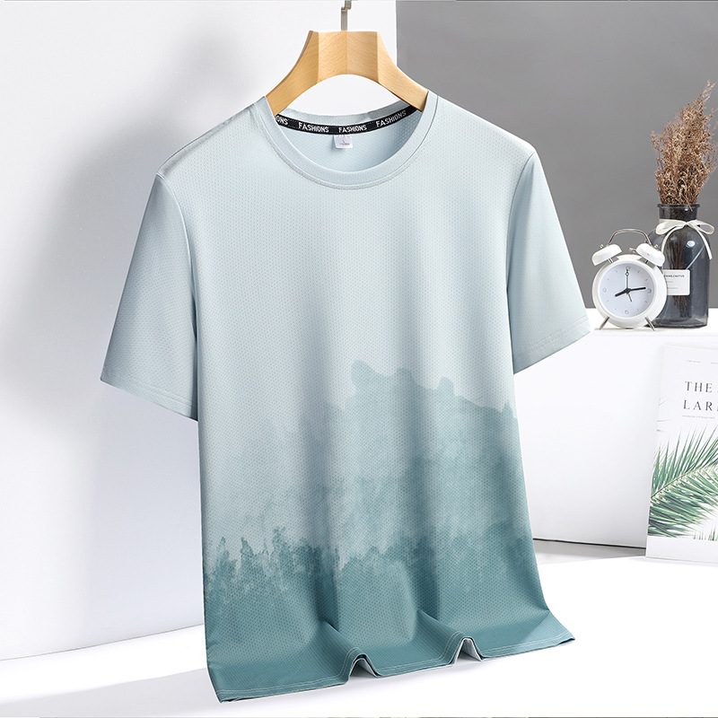 Camiseta de manga corta de seda de hielo para hombres, aire acondicionado transpirable con estampado de verano, secado rápido, estiramiento, ocio, fresco, deportes, tops sueltos para hombres
