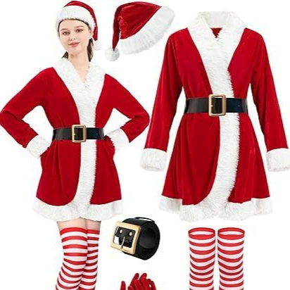 Рождественское женское платье для взрослых, красная шляпа, праздничный костюм для вечеринки, костюм миссис Клаус для взрослых женщин
