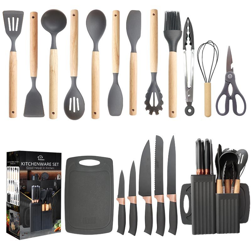 Pala de silicona, cuchara de sopa, juego de 19 piezas, sartén antiadherente, pala de silicona, cocina de silicona doméstica de grado alimenticio, juego de cuchillos al por mayor