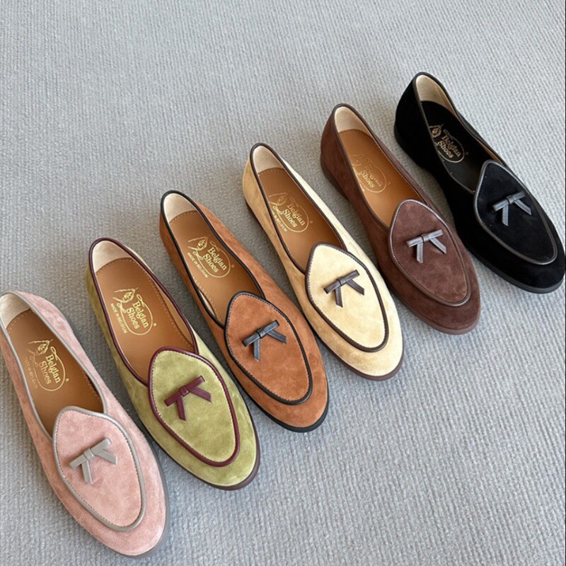 Belgian Shoe Exports Women's Loafers Made of Belgian Cowhide with Velvet Bow, Original Genuine Leather Moccasins