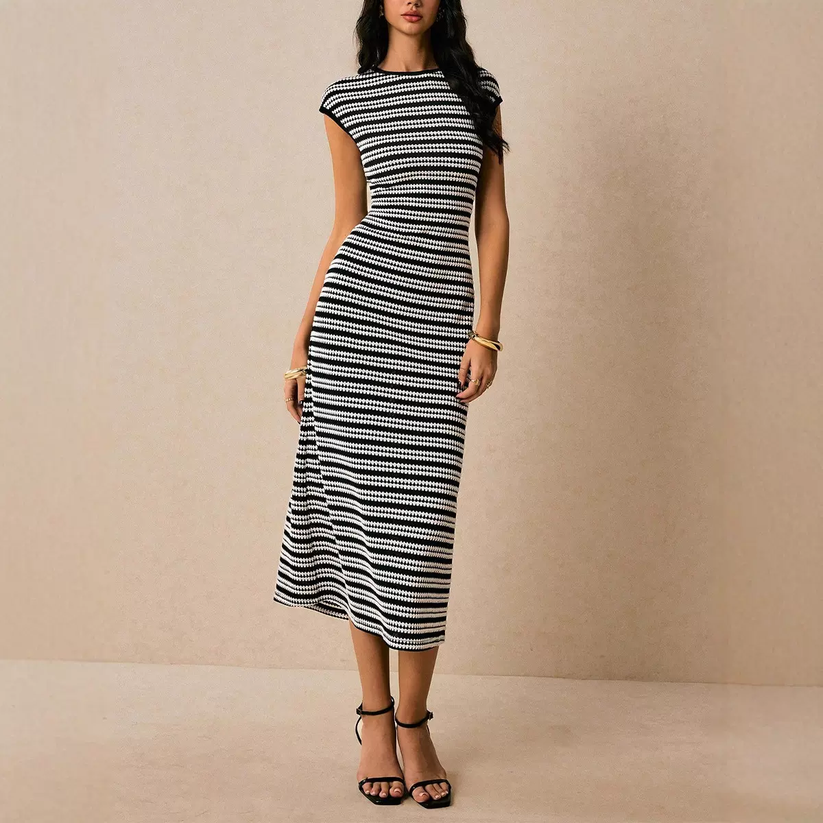 跨境欧美条纹针织连衣裙女2026亚马逊外贸无袖修身中长款一步裙