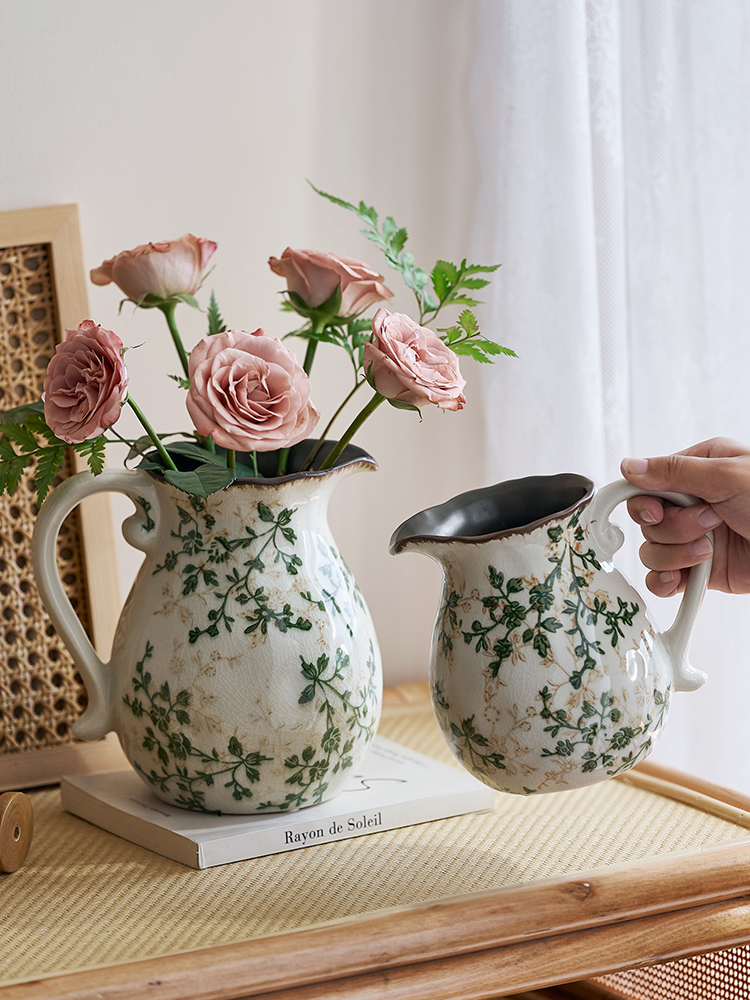 美式乡村冰裂奶壶陶瓷花瓶田园风水养插花摆件装饰品复古创意手提