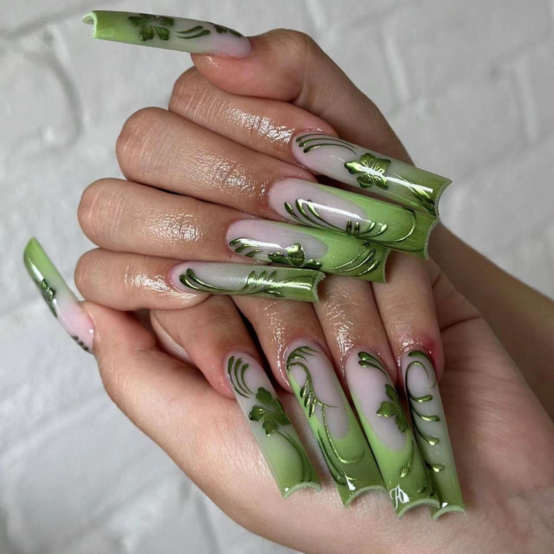 Super Long XXL Green Gradient Blooming French Finished Wear Armor Pieces Spring and Summer Flower Line Design False Nails Super Long XXL Green Gradient Blooming French Finished Wear Armor Pieces Spring and Summer Flower Line Design False Nails
