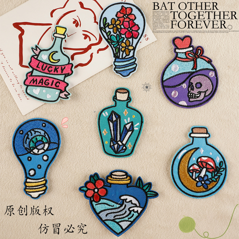 原创电脑绣花标刺绣贴辅料玫瑰花海浪胸章补丁贴布标趣味骷髅布贴