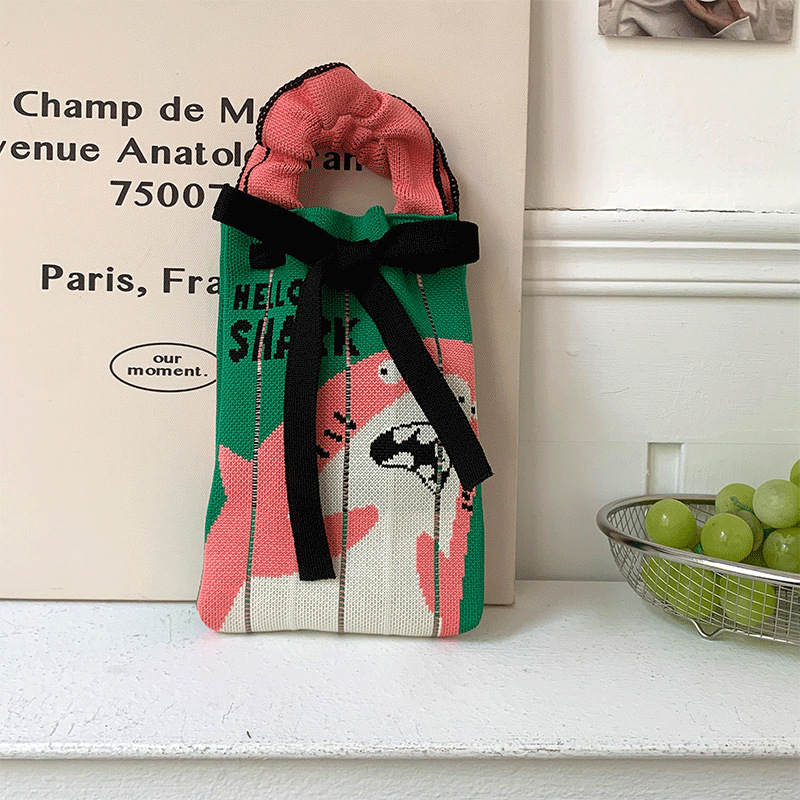 Bolsa de punto, oreja de madera, diseño de nicho, bolso con cordón de dibujos animados, bolso de mensajero portátil de todo fósforo, bolso de teléfono móvil