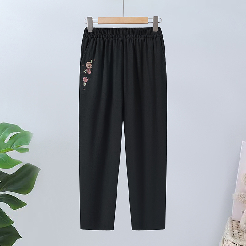 New Chinese-Style Embroidered Cropped Pants for Women, Summer Thin Elastic Waist Loose Casual Pants, Mom-Style Straight-Leg Pants