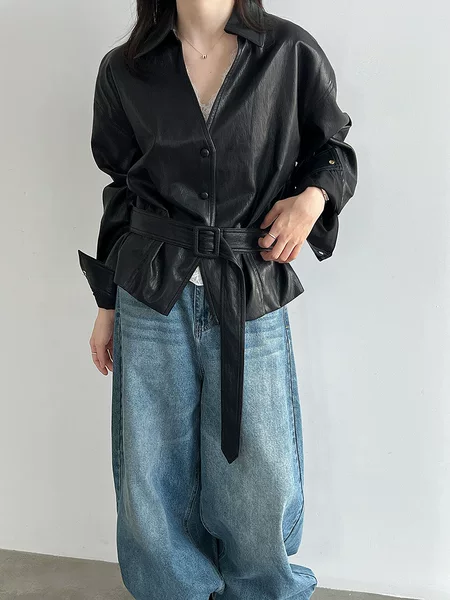 Luxi Vintage V-neck Belted Leather Jacket for Women, 2026 Autumn New Style, Cool and Stylish Leather Coat 097