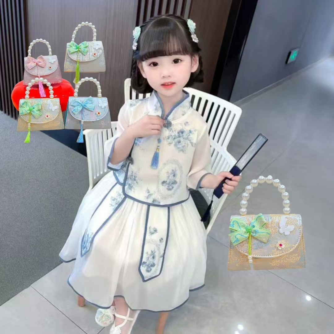 202 nuevo arco de estilo nacional bolsos para niños pequeños bolsos de moda de perlas de moda princesa bolsos de mano inclinados