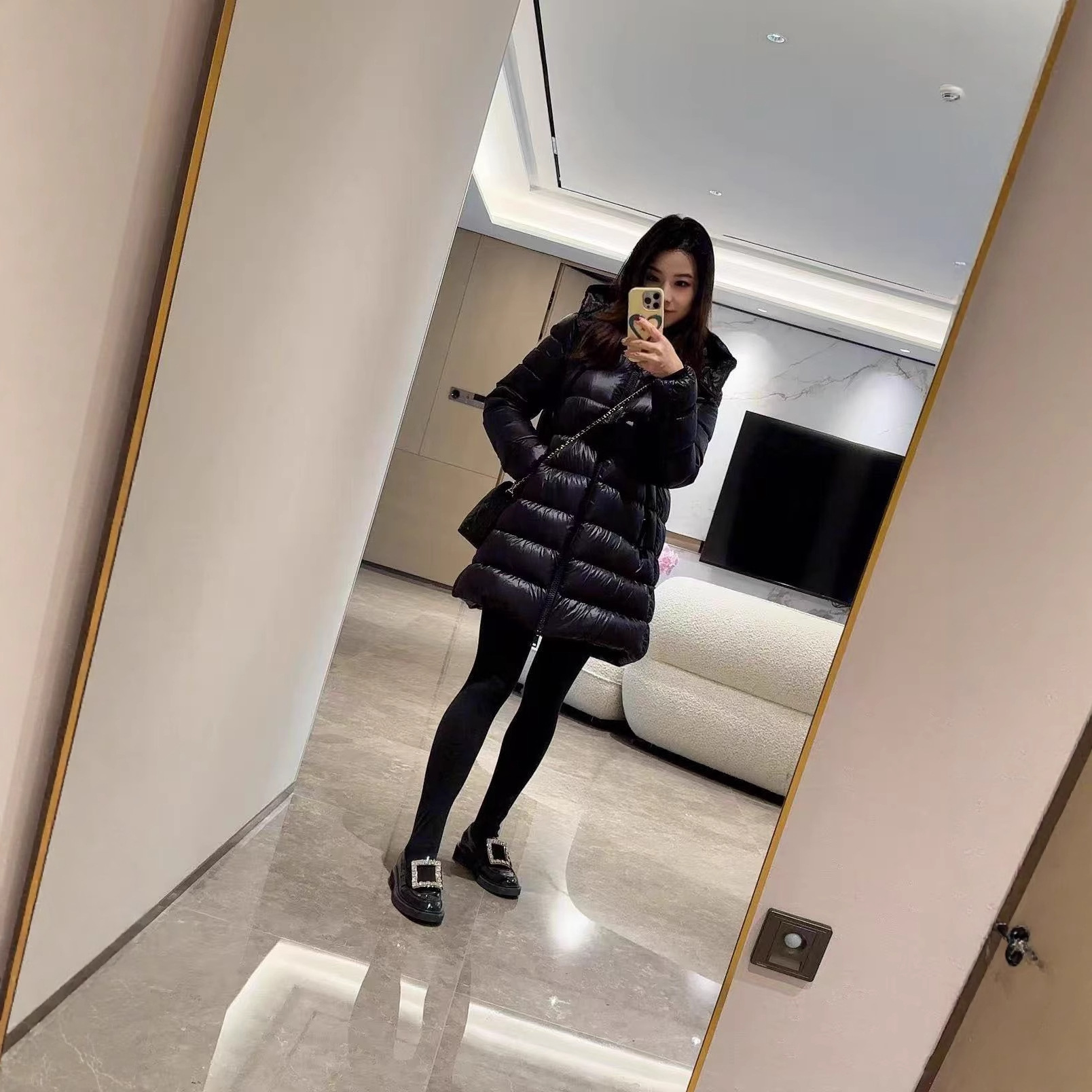 高品质现货M家2025新款女士中长收腰连帽蒙口琪羽绒服外套鹅绒