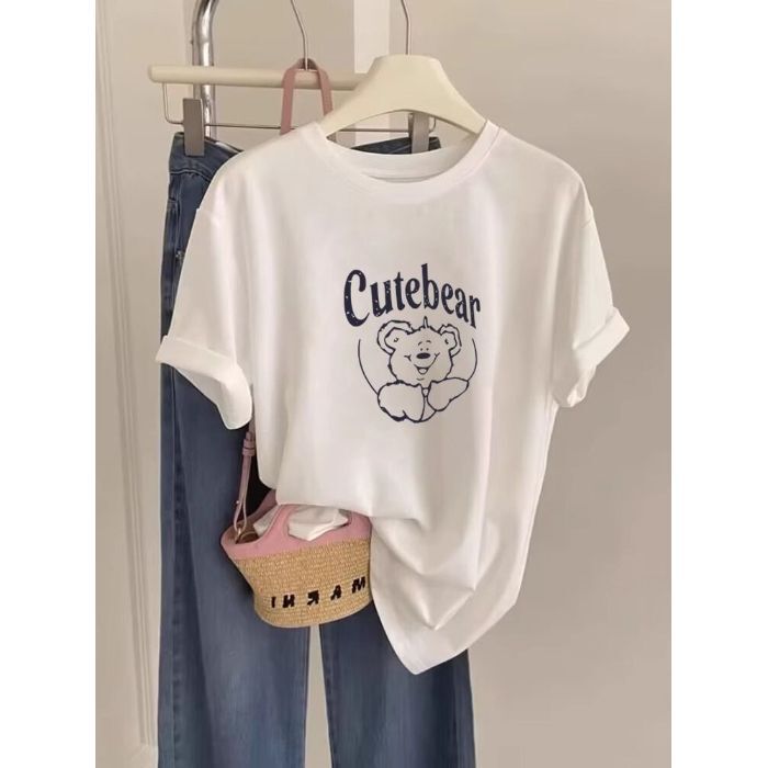 女性のための純綿半袖 Tシャツ 2025 新しいニッチ韓国スタイルファッショナブルな多用途外国スタイル白トップボトムシャツ夏|undefined