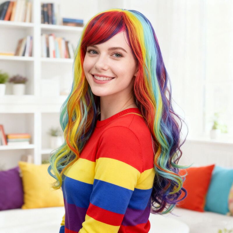 Anime Festival Party Cos Curly Hair with Side Bangs, Rainbow Gradient Multi-Color Mixed Dye Long Wig, Long Curly Hair