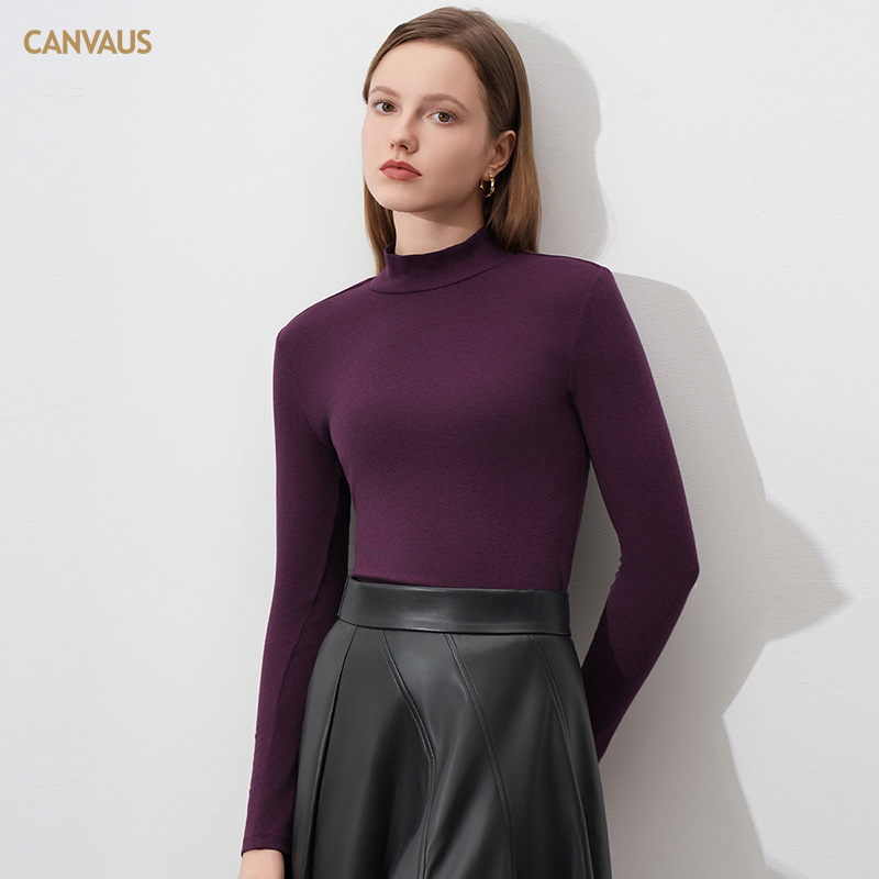 CANVAUS 가을 겨울 신상 하이 칼라 심플 바닥 셔츠 여성용 스레드 하이 엔드 슬림 긴팔 따뜻한 티셔츠 탑