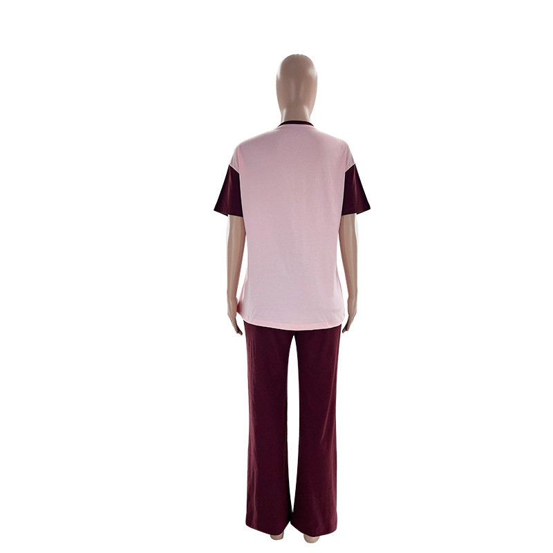 Summer Contrast Color round Neck Short Sleeved T shirt Women Casual Wide Leg Pants Two Piece Sets