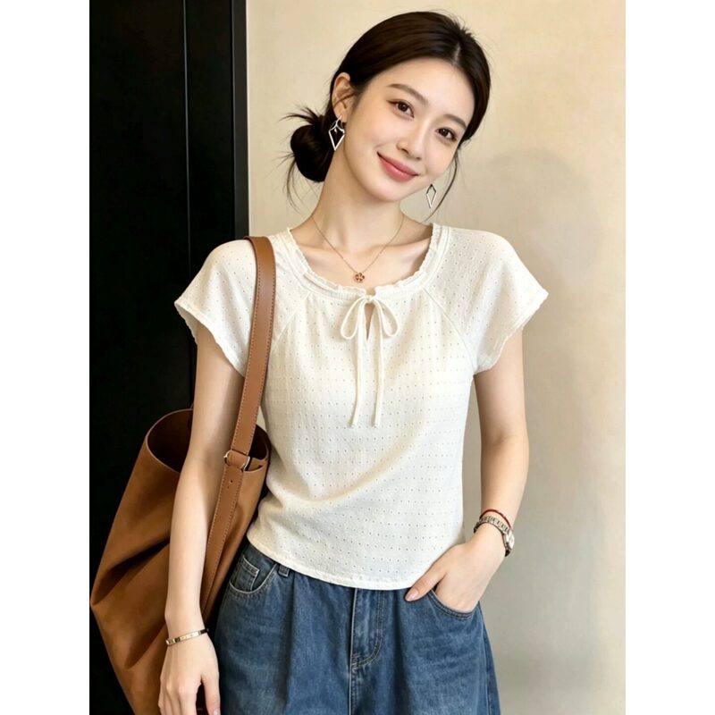 Polka Dot Short-Sleeved Knitwear for Women, 2026 New Summer Design, Thin Style with Bow Tie, Super Nice Top Polka Dot Short-Sleeved Knitwear for Women, 2026 New Summer Design, Thin Style with Bow Tie, Super Nice Top