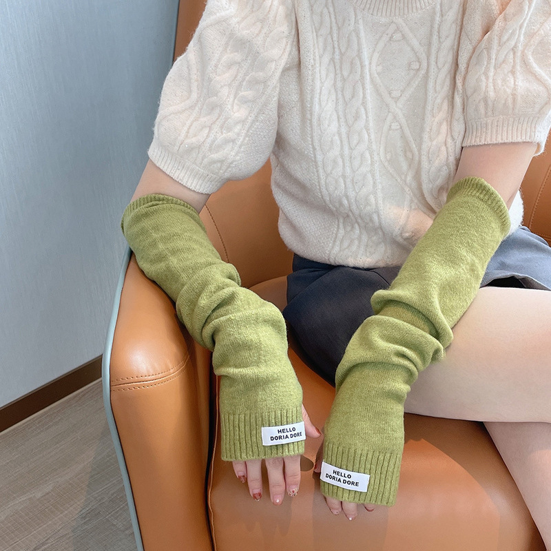 New knitted wool gloves women's autumn and winter exposed half finger touch screen cold-proof warm arm protection solid color pile oversleeves