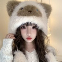 甜美可爱小猫毛绒帽子女秋冬季韩版针织帽百搭保暖卡通暹罗护耳帽