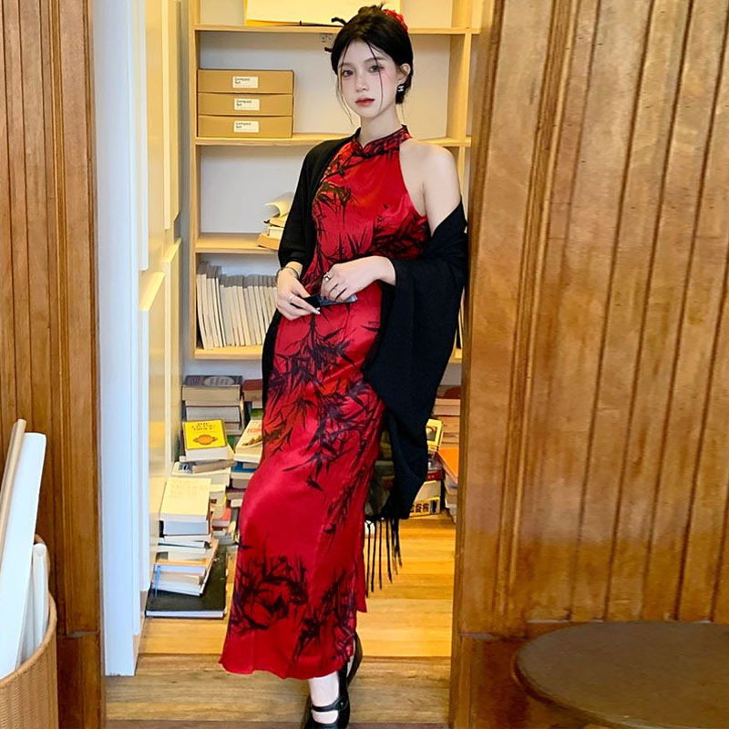 New Chinese Style Vintage Ink Bamboo Neck Cheongsam dress Women's Summer Elegant Thin Cape Shawl Cardigan Two-piece Set