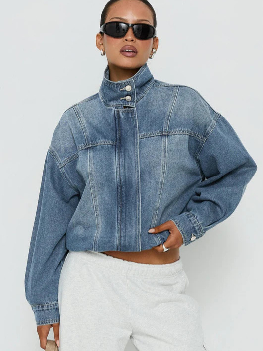 Qadın yuyulmuş denim ceket, retro yaxalı, boş kəsiliş