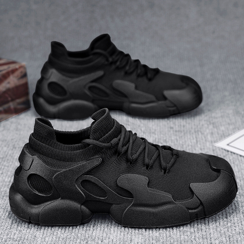 全黑色男鞋夏季透氣一腳蹬襪子鞋男士工地上班飛織工作鞋勞保網鞋