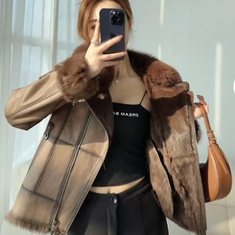 修身狐狸毛领兔毛皮草外套皮毛一体加厚保暖女冬季短款皮毛外套|undefined