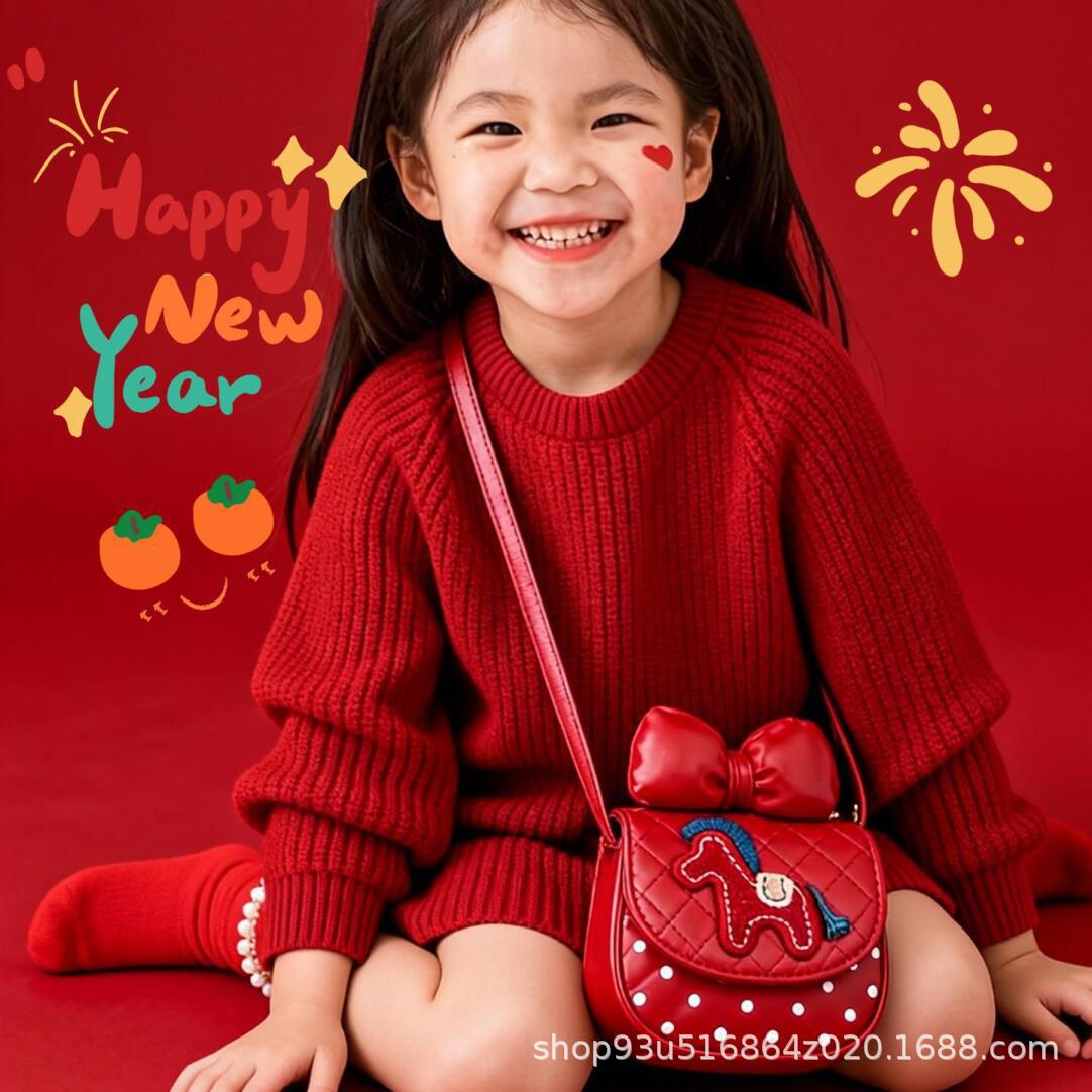 2026 Super Popular Year of the Horse Cartoon Accessories Crossbody Bag for Boys and Girls, Red Cute Bowknot Little Horse Children's Bag