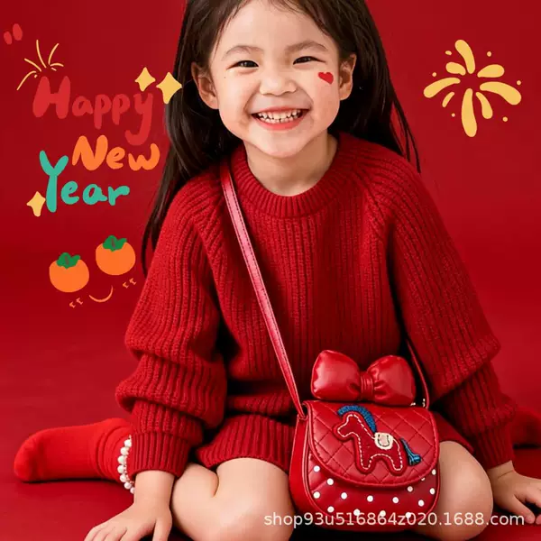 2026 Super Popular Year of the Horse Cartoon Accessories Crossbody Bag for Boys and Girls, Red Cute Bowknot Little Horse Children's Bag