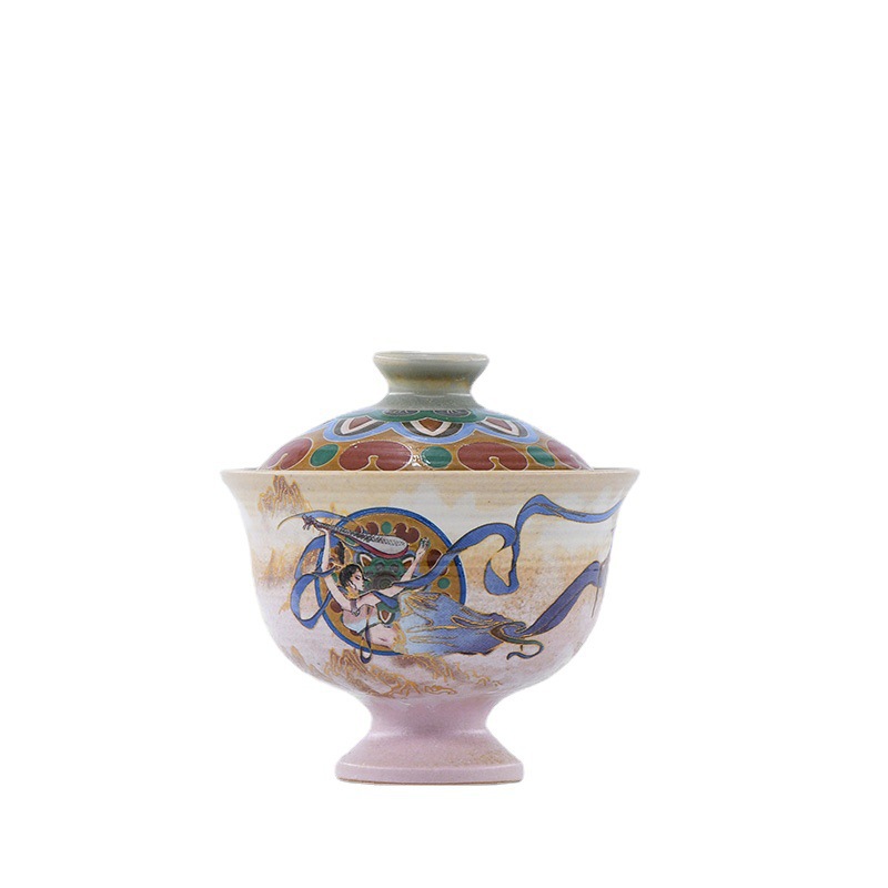 Impresión de Dunhuang Apsara cubierta Tazón de cerámica juego de té Tazón cultural regalo creativo fabricante de té 150ml de alto Pie de dos piezas taza de té