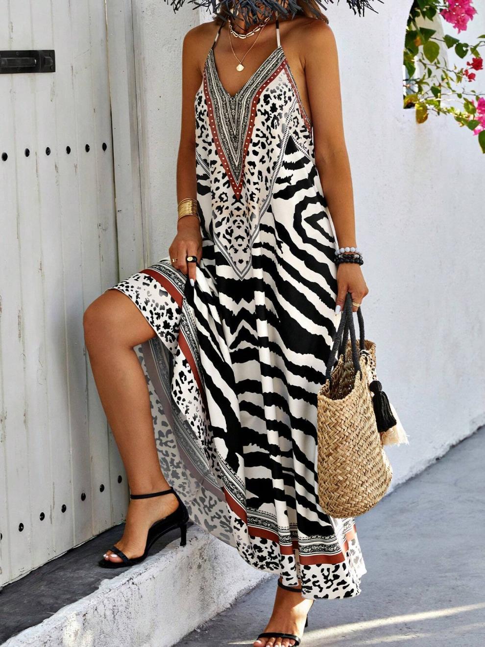 Mid Waist Waist Line Holiday Occasion Wholesale Women's Streetwear Zebra Holiday Halter Neck Sleeveless Strap Dress