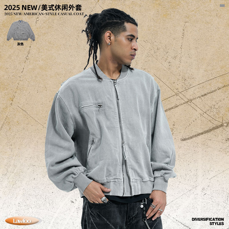 Lawfoo 2025 Short Leather Jacket Men's Spring American Retro Stand-Up Collar Baseball Uniform Style Handsome Jacket