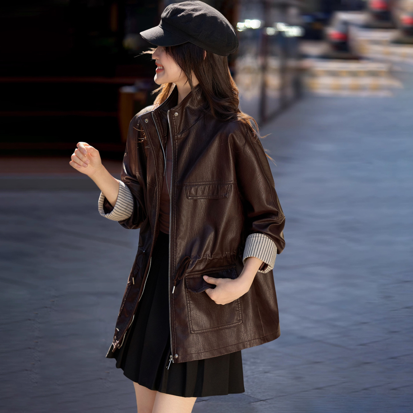 Women's mid-length leather jacket, autumn 2026 new popular high-end stand-up collar trench coat, waist-cinching slimming top