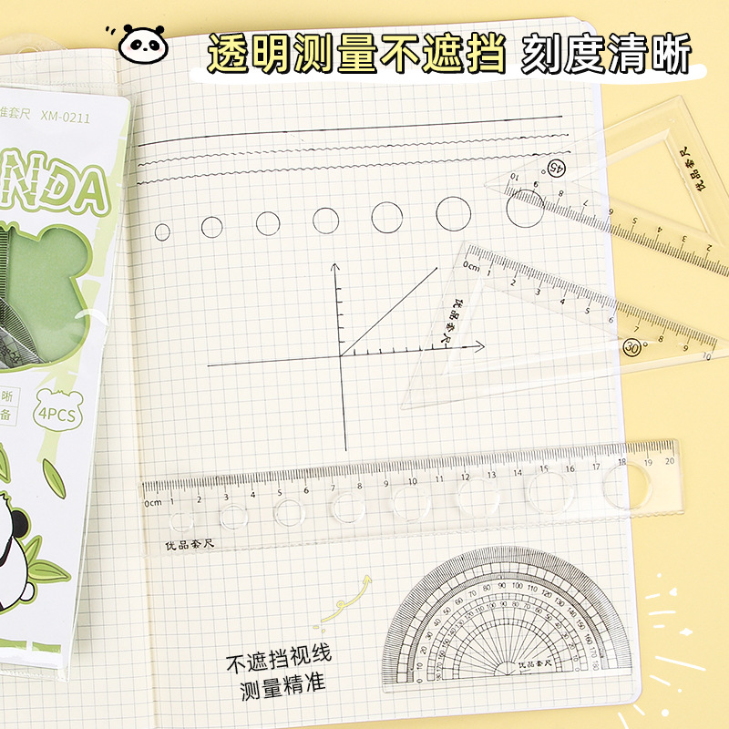 Serie de Panda de dibujos animados conjunto de regla triángulo estudiante aprendizaje papelería acrílico Conjunto de 4 piezas 20cm gobernante transportador