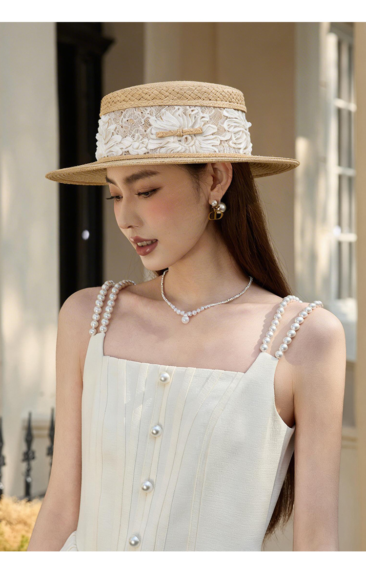 Mũ rơm phẳng đầu phong cách Pháp nữ tính, che nắng đi biển mùa hè — màu đen chi tiết 7