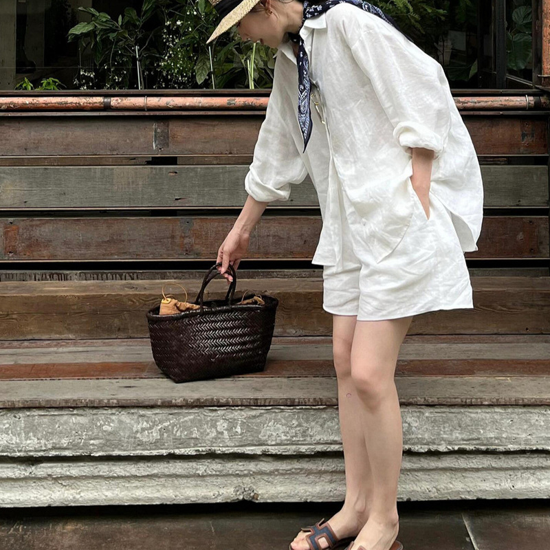 Old Money Style Linen Shirt Set for Women, Summer Casual Loose Simple High-End Cotton-Linen Shirt and Shorts Two-Piece Set