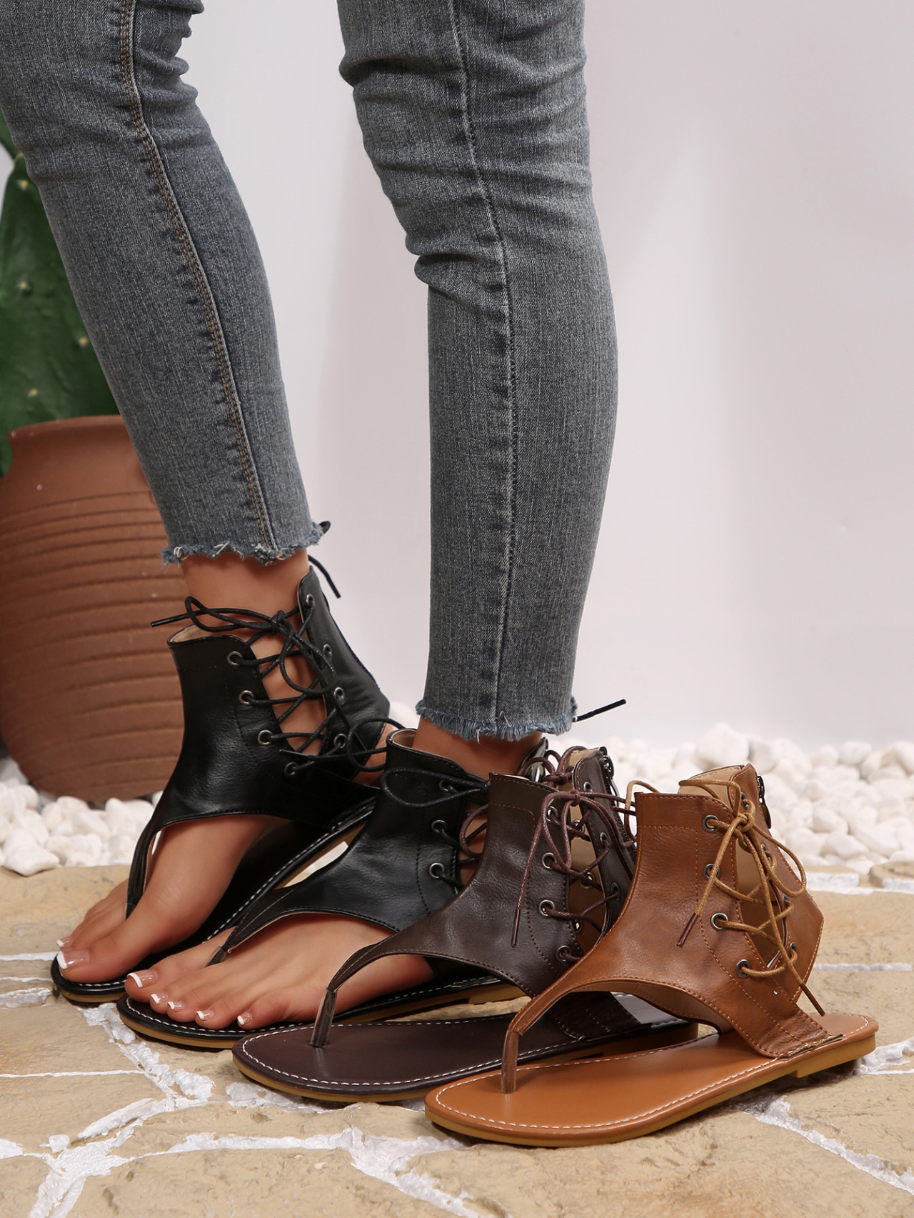 Women's Vintage Retro Flip Flops, Flat Sandals With Back Zipper_voghion.com