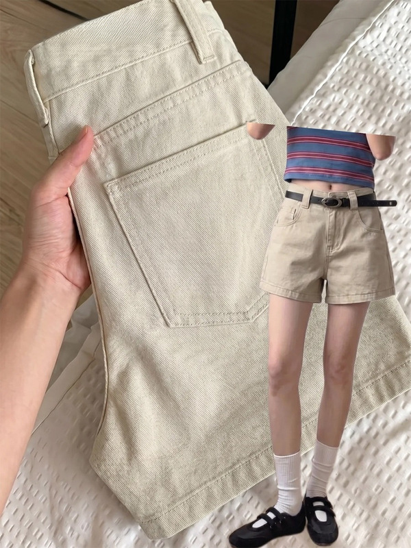 American-Style Off-White Denim Shorts for Women, 2026 Summer New High-Waisted Slimming Loose Casual Wide-Leg Hot Pants
