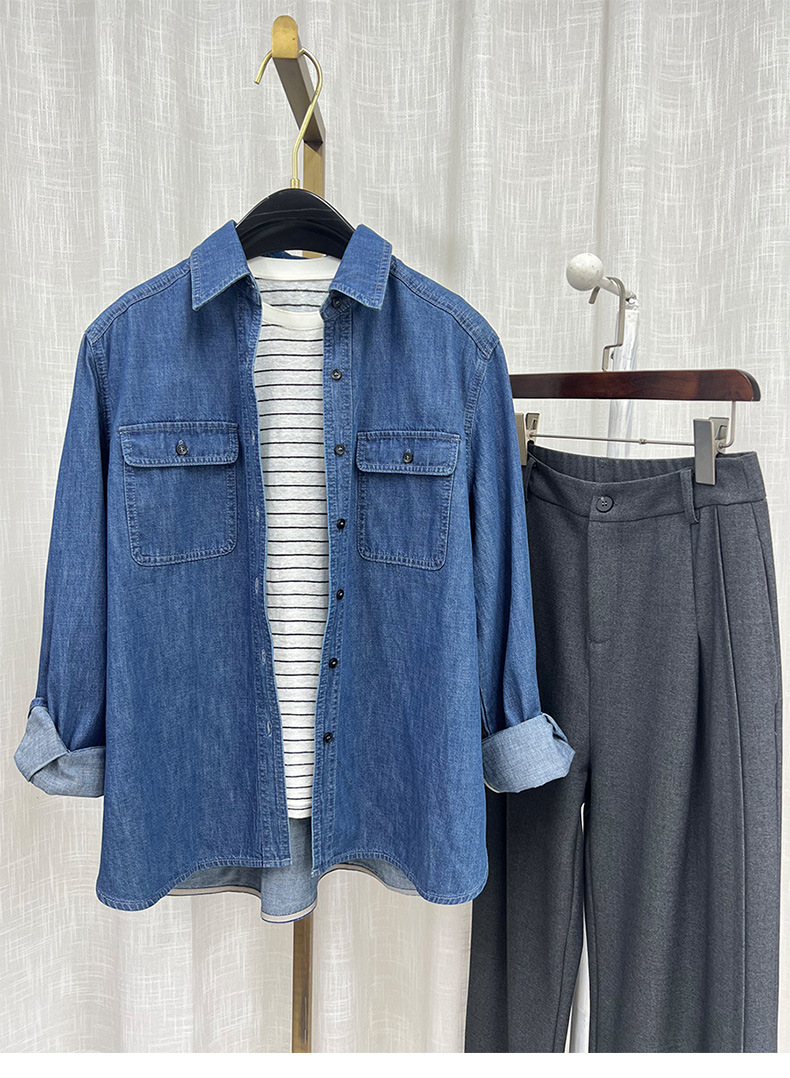 Áo sơ mi denim phong cách Hồng Kông cổ điển dáng rộng, mặc nhiều lớp — màu xanh chi tiết 1