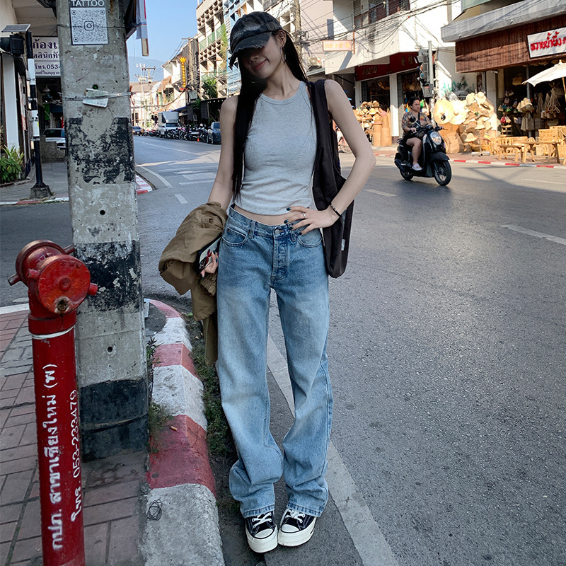 Light Blue Straight-Leg Jeans for Women, Summer American Retro Style, Low-Waisted, Slimming, Height-Enhancing, Loose-Fitting, Floor-Length Pants Light Blue Straight-Leg Jeans for Women, Summer American Retro Style, Low-Waisted, Slimming, Height-Enhancing, Loose-Fitting, Floor-Length Pants